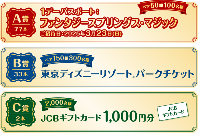 A賞77本1デーパスポート：ファンタジースプリングス･マジック（ペア50組100名様）ご招待日：2025年3月23日(日) B賞33本東京ディズニーリゾート®パークチケット（ペア150組300名様） C賞2本JCBギフトカード 1,000円分（2,000名様）